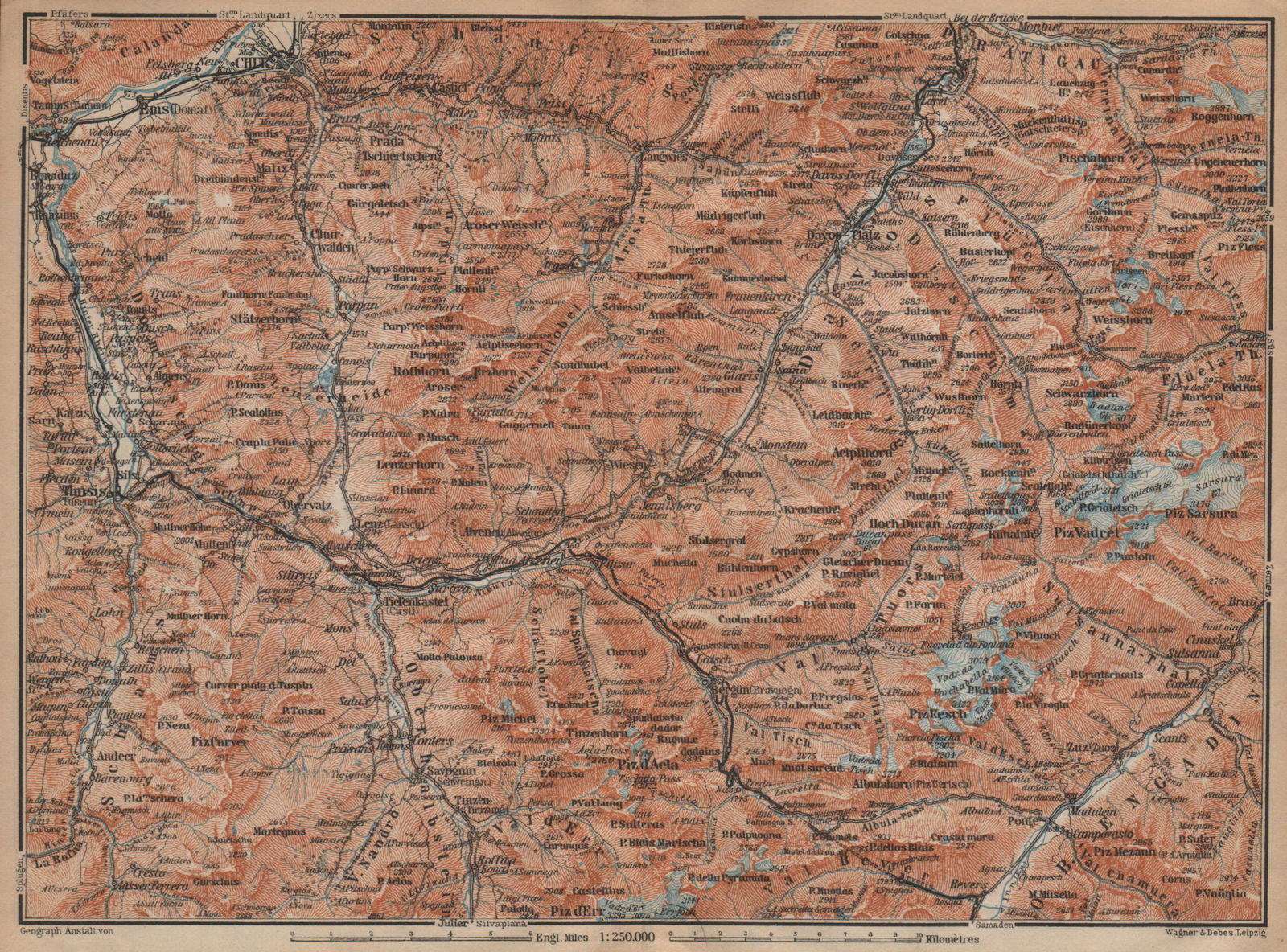 GRAUBÜNDEN/ALBULA ALPS. Chur-Samedan. Arosa Lenz Davos Savognin Thusis 1907 map